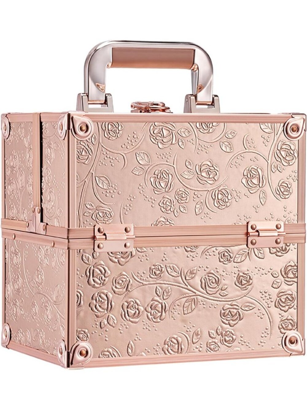 Portable Makeup Train Case Organizer - 4 Trays, Lockable Storage, Rose Gold